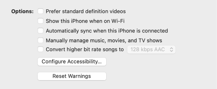 The syncing options shown in a list of tickboxes, including the “Prefer standard definition videos” and the “Convert higher bit rate songs to” tickboxes