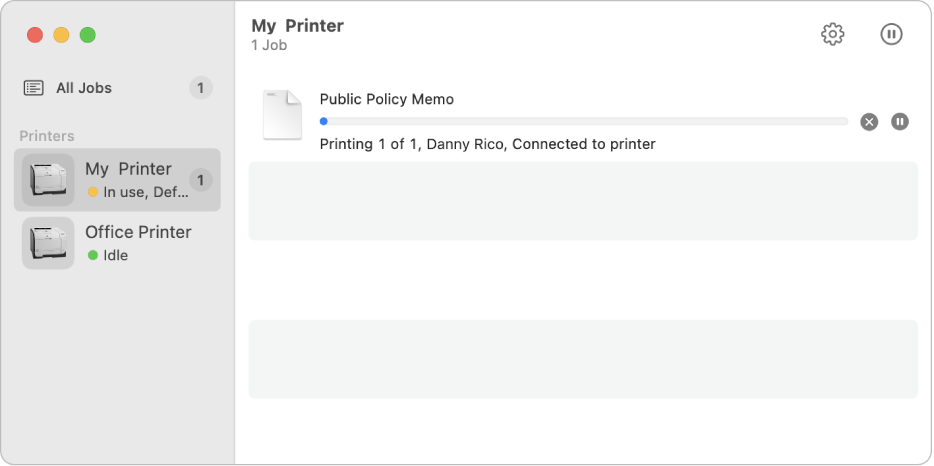 Print Centre window showing two printers in the sidebar and a print job printing.