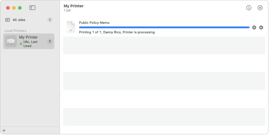 Print Centre window showing two printers in the sidebar and a print job printing.