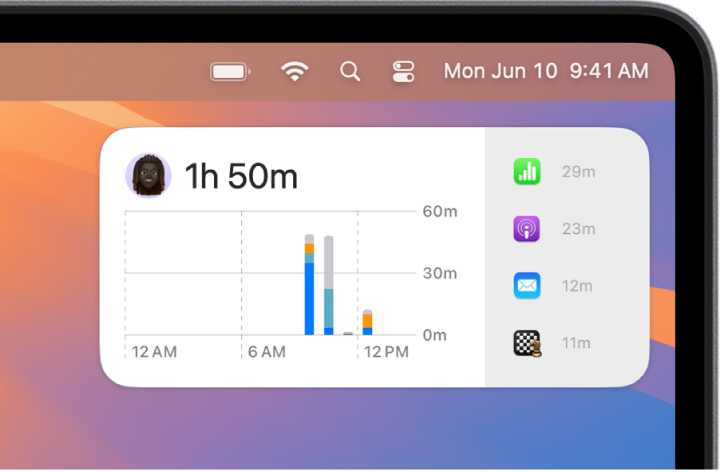 A desktop showing a Screen Time Daily Activity widget in Notification Centre.