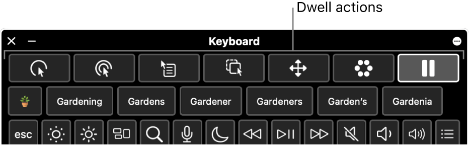 Dwell action buttons located across the top of the Accessibility Keyboard.