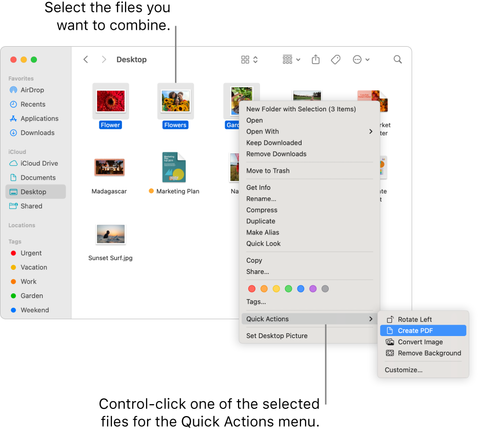 A Finder window containing files and folders, where three files are selected, and Create PDF is highlighted in the Quick Actions menu.