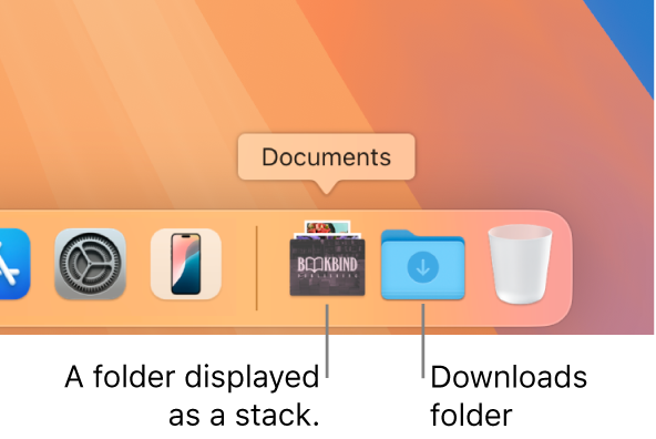 The right end of the Dock showing a folder that’s displayed as a stack and the Downloads folder displayed as a folder.