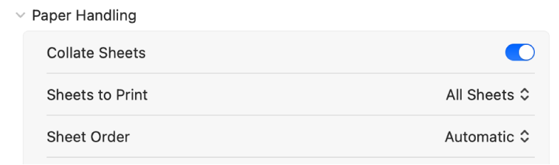 The Paper Handling print options showing the Collate Sheets, Sheets to Print, or Sheet Order options.