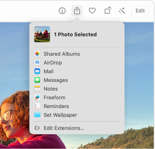 The Share menu, shown from the Share button in the Photos toolbar. The Share menu includes, from top to bottom, Shared Albums, AirDrop, Mail, Messages, Notes, Reminders, and Set Wallpaper. The last item is Edit Extensions.