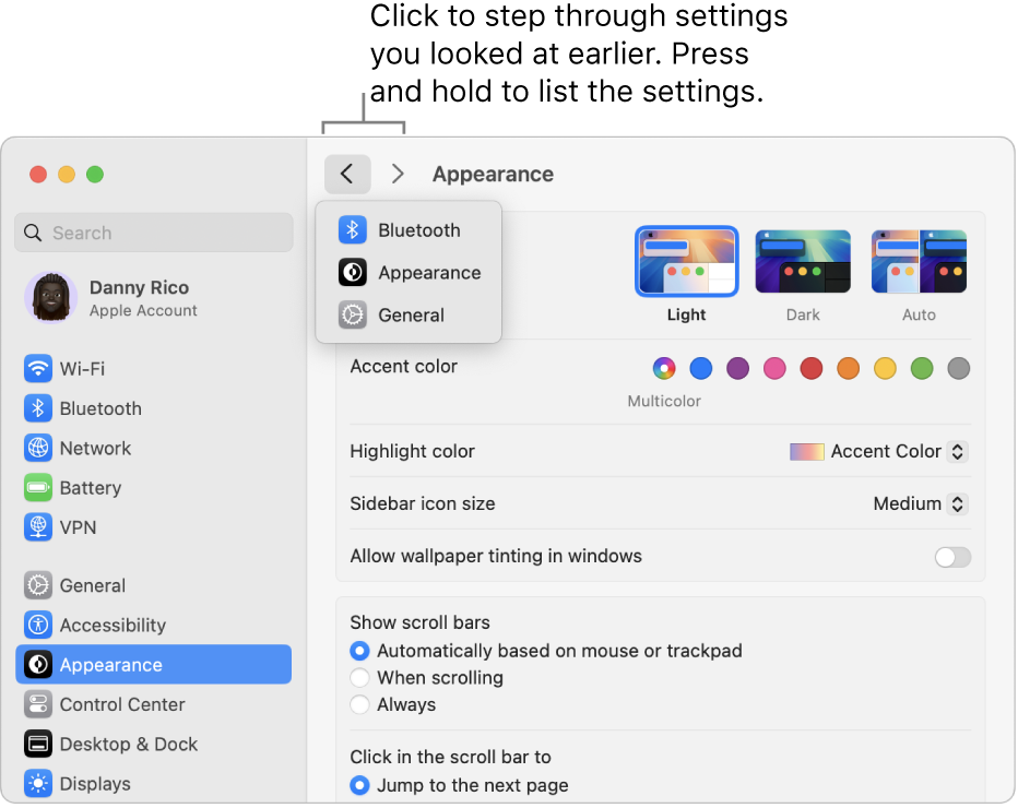 The System Settings window showing recently viewed settings below the Back button.