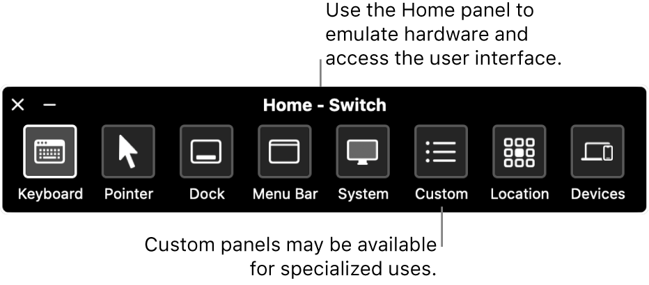  The Switch Control Home panel, which includes, from left to right, buttons to control the keyboard, pointer, Dock, menu bar, system controls, custom panels, screen location, and other devices.