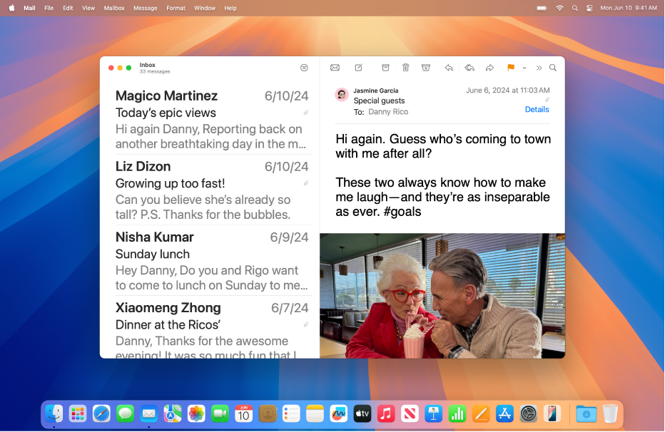 The Mail window is open on the desktop. Emails are displayed with large text.