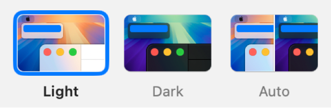 From left to right, samples of the Light, Dark, and Auto options shown in Appearance settings.