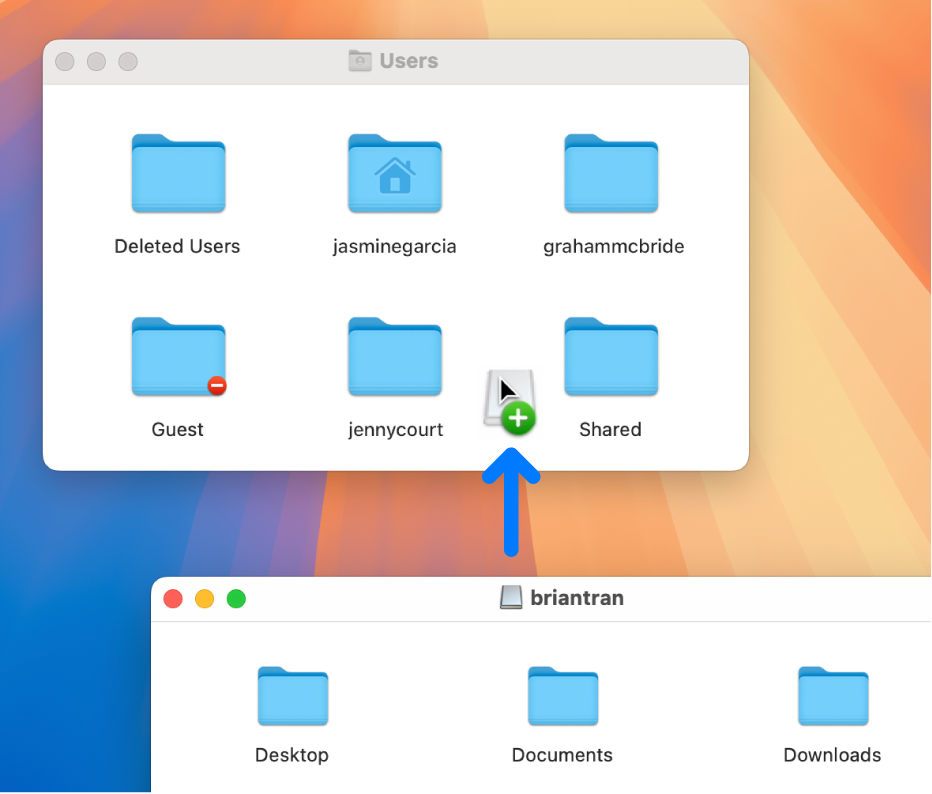 The Users folder open in the Finder showing user accounts. On the right is the folder for a deleted user account. An arrow shows that you can drag the disk icon from the deleted user’s folder window into the Users folder to restore a deleted user account.