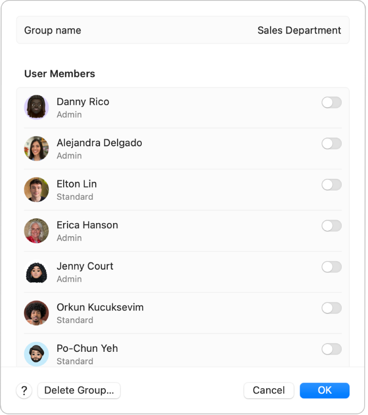 Options for a group in Users & Groups settings. To the right of each user is the option to include or exclude the user from the group. Along the bottom are the Help, Delete Group, Cancel, and OK buttons.