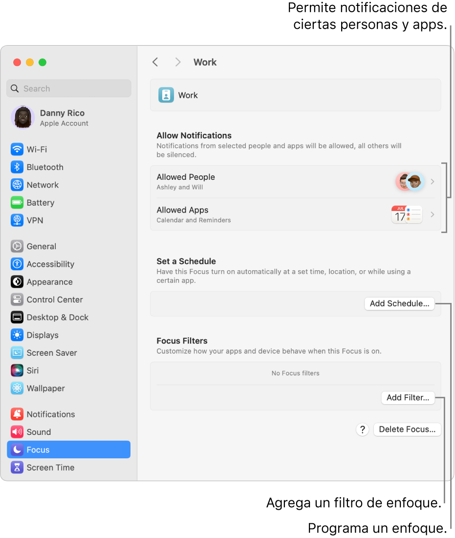 La configuración de Enfoque mostrando la configuración para el enfoque Trabajo. En la parte superior está la lista de las personas y apps cuyas notificaciones están permitidas cuando el enfoque Trabajo está activo.