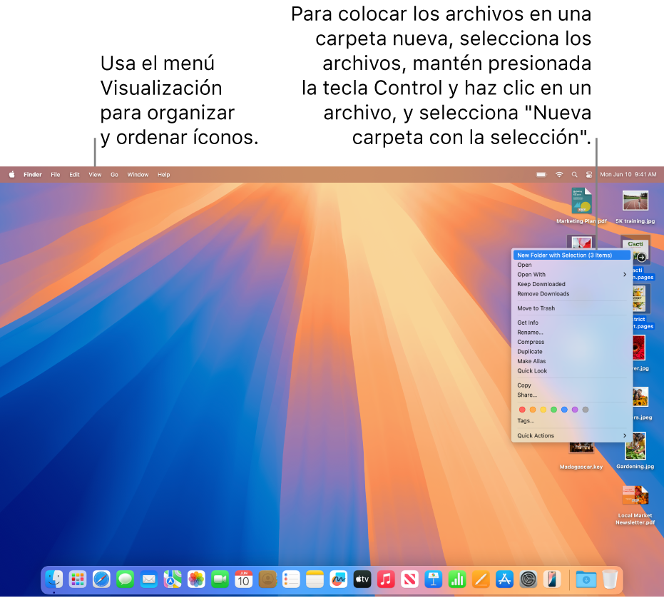 Un escritorio mostrando archivos y carpetas. Varios archivos están seleccionados para colocarlos en una carpeta nueva. Se muestra una carpeta seleccionada con un clic mientras se mantiene la tecla Control presionada, y se eligió Nueva carpeta con la selección.