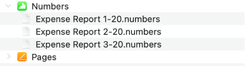 La app Numbers en la ventana de Archivos mostrando tres archivos que se han sincronizado con un dispositivo.