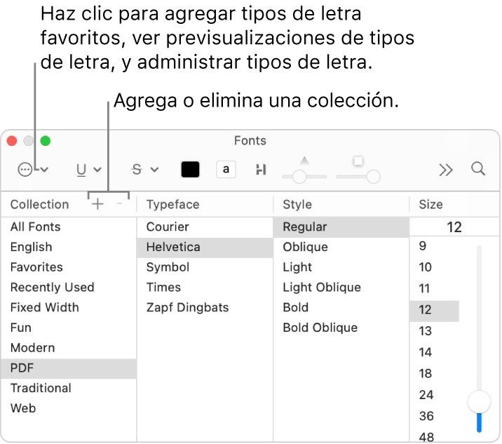 Usa la ventana Tipos de letra para agregar o eliminar colecciones rápidamente, cambiar el color del tipo de letra, o realizar acciones como mostrar visualizaciones o administrar tipos de letra, o agregar a Favoritos.