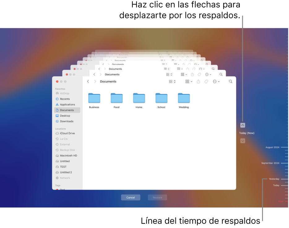 La ventana de Time Machine con varias pantallas del Finder apiladas que representan respaldos, con flechas para la navegación. Las flechas y la línea del tiempo del respaldo a la derecha te ayudan a navegar por los respaldos, de forma que puedas elegir cuáles archivos restaurar.