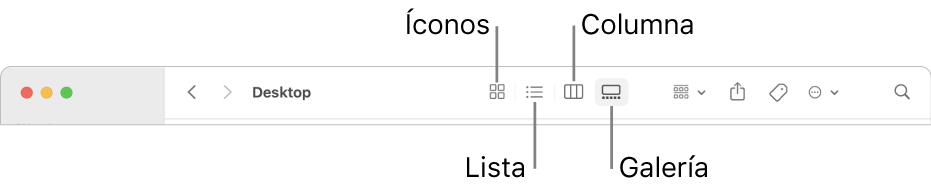 La barra de herramientas del Finder mostrando opciones de visualización de una carpeta.