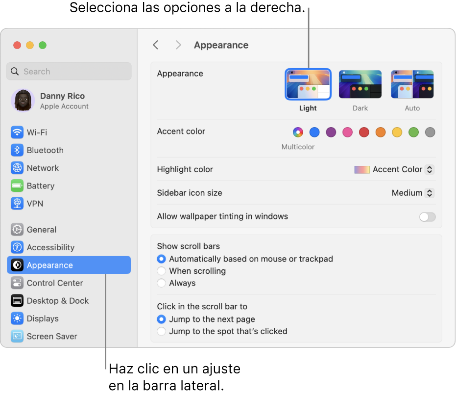 La ventana de Ajustes del Sistema, con los ajustes Aspecto seleccionados en la barra lateral y las opciones Aspecto a la derecha.