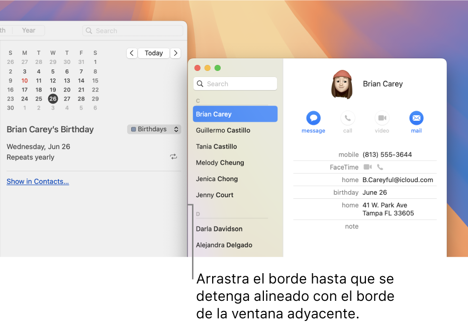 Dos ventanas alineadas por un lateral; arrastrando el borde de una ventana hacia la otra hasta que se detiene, la ventana queda alineada con la adyacente