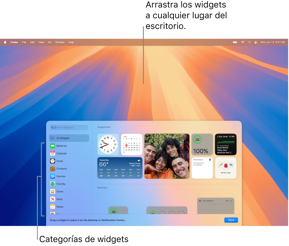 Galería de widgets con la lista de categorías de widgets a la izquierda y los widgets disponibles a la derecha.