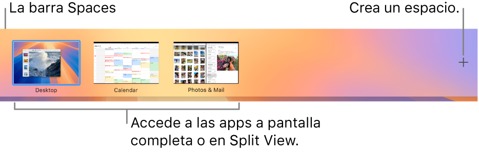 Barra de Spaces que muestra un espacio de escritorio, apps a pantalla completa y en Split View, y el botón Añadir para crear un Space.