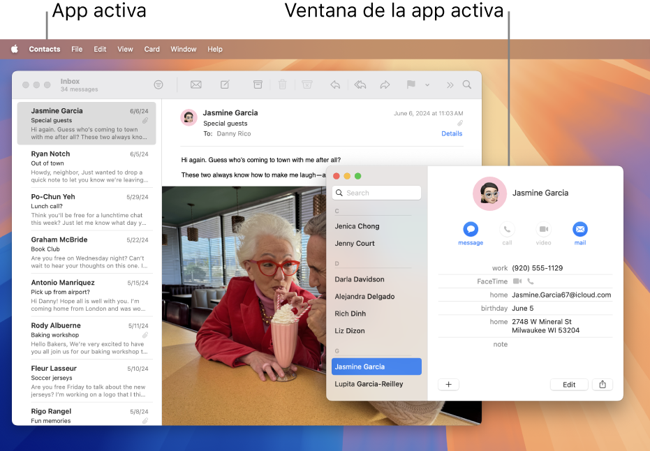 Un ejemplo de un escritorio con varias ventanas abiertas pero solo una app activa.