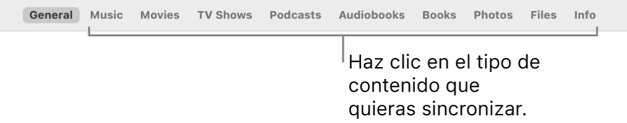 La fila de opciones de la parte superior de la ventana con los tipos de contenido que puedes sincronizar.