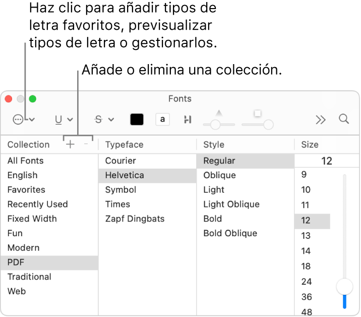 Desde la ventana "Tipos de letra" puedes añadir o eliminar rápidamente colecciones, cambiar el color de un tipo de letra o realizar acciones como previsualizar o gestionar tipos de letra, o añadirlos a Favoritos.