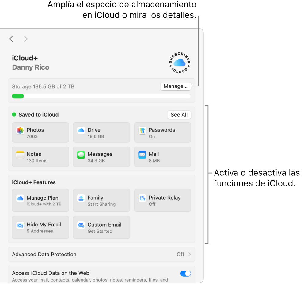 Ajustes de iCloud con todas las funciones activadas.