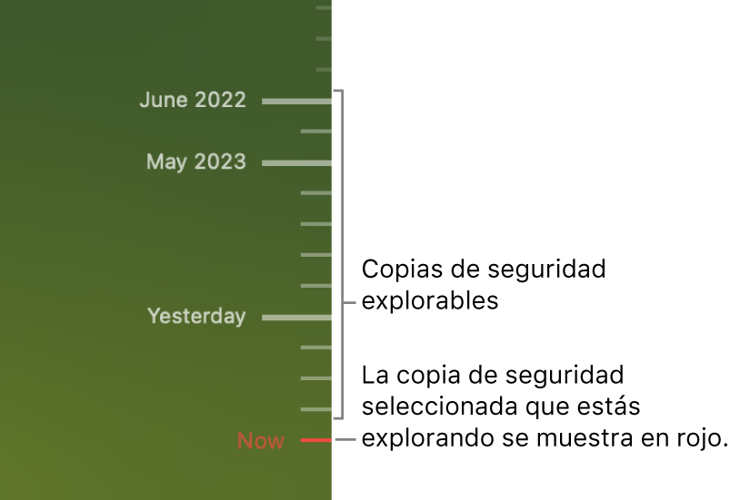 Marcas en el control temporal de copias de seguridad. La marca roja señala la copia de seguridad donde estás haciendo la búsqueda.