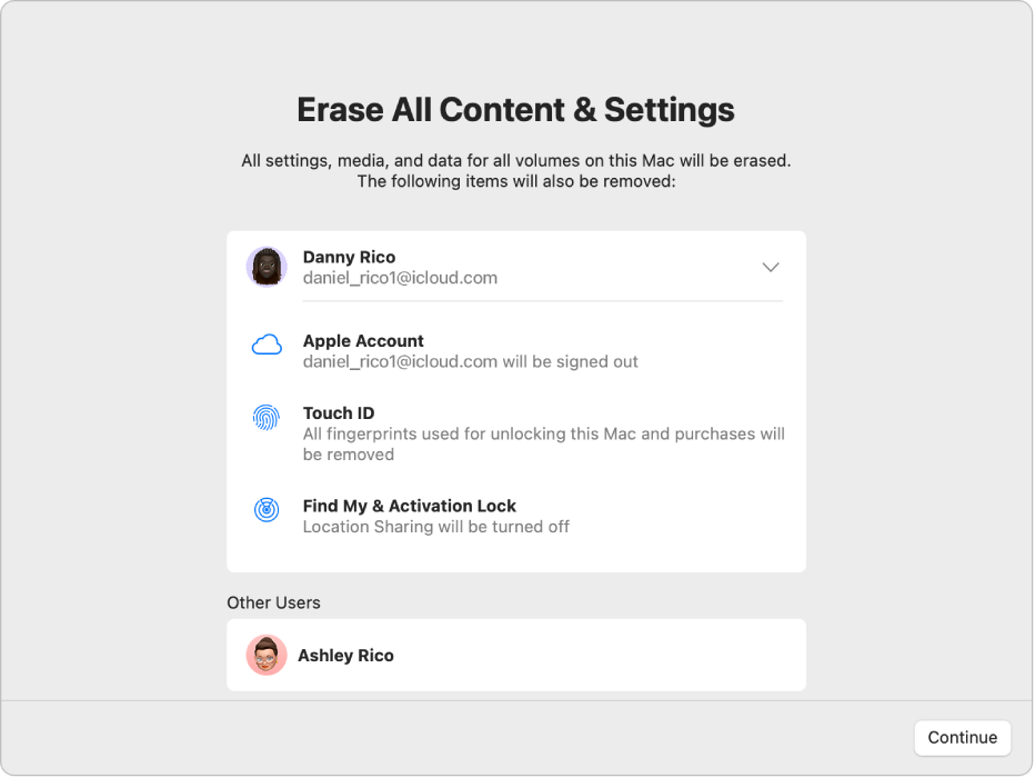 La ventana “Borrar contenido y ajustes” del Asistente de Borrado con otros ítems que se eliminarán, incluidas todas las huellas dactilares utilizadas para desbloquear el Mac y efectuar compras.