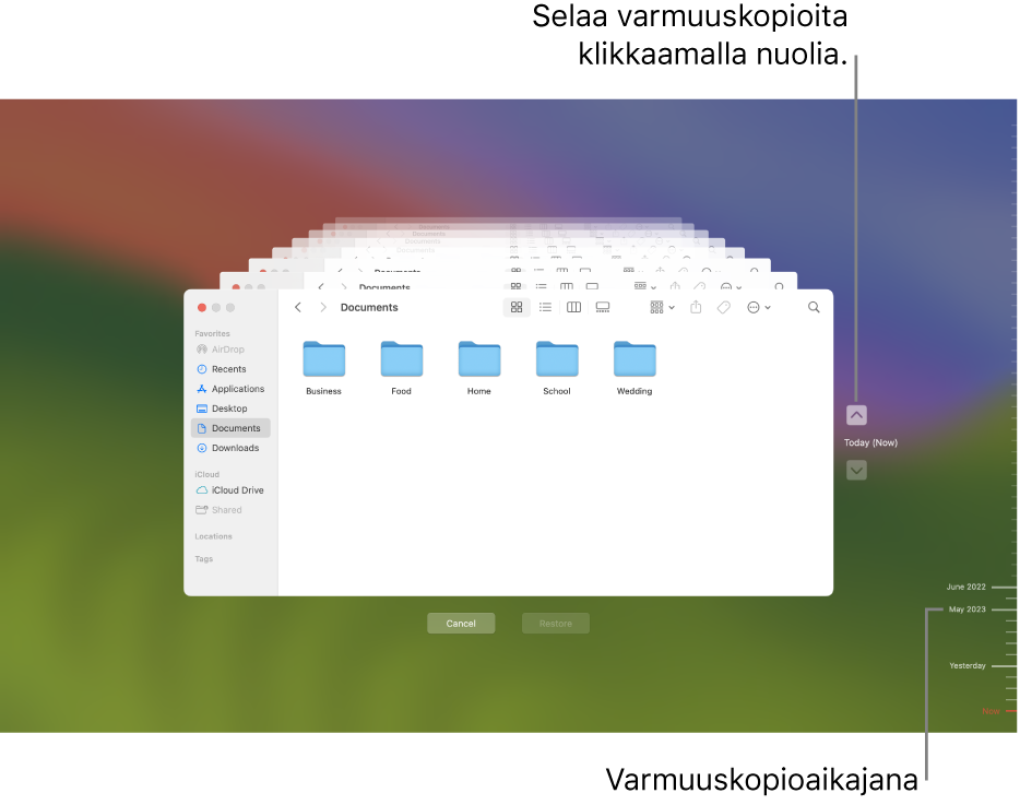 Time Machine -ikkuna, jossa on pinossa useita Finder-näyttöjä, jotka edustavat varmuuskopioita, ja navigointinuolia. Nuolet ja oikealla oleva varmuuskopioinnin aikajana auttavat varmuuskopioiden selaamisessa ja palautettavien tiedostojen valitsemisessa.