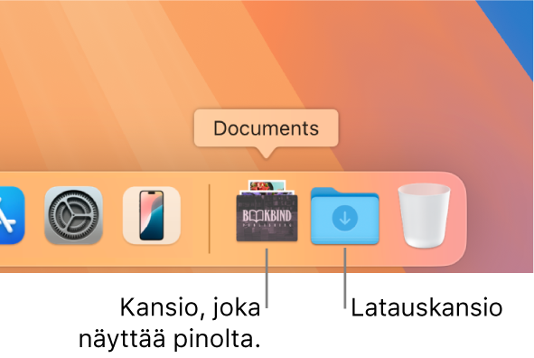 Dockin oikeanpuoleisessa reunassa on näkyvillä kansio, joka näkyy pinona ja Lataukset-kansio näkyy kansiona.