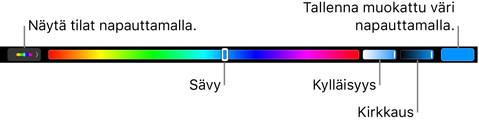 Touch Bar näyttää HSB-väritilan sävy-, kylläisyys- ja kirkkaus-liukusäätimet. Vasemmassa reunassa on painike, jolla näytetään kaikki tilat. Oikealla on painike muokatun värin tallentamiseen.