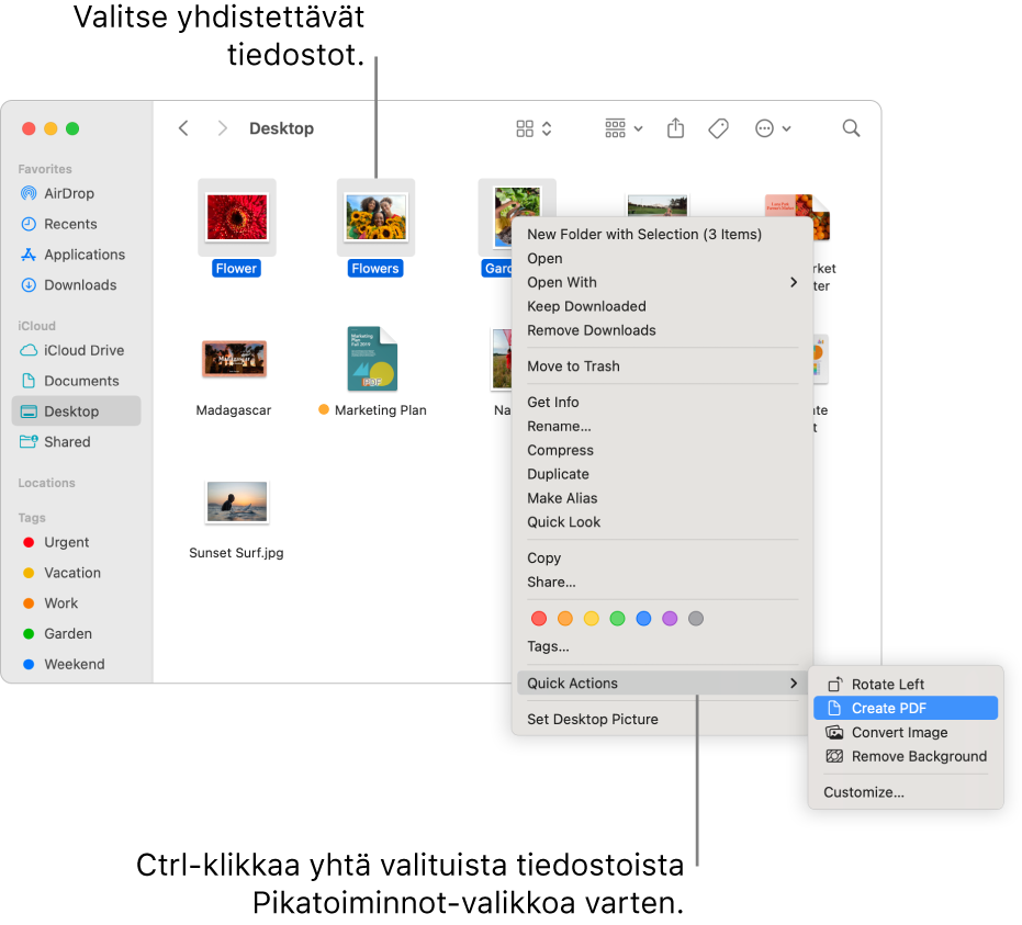 Finder-ikkuna, jossa on tiedostoja ja kansioita. Ikkunassa on valittuna kolme tiedostoa, ja Luo PDF on korostettuna Pikatoiminnot-valikossa.