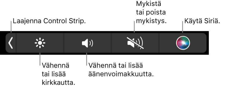 Pienennetyssä Control Stripissä on painikkeet, joilla voidaan (vasemmalta oikealle) laajentaa Control Strip, lisätä tai vähentää näytön kirkkautta ja äänenvoimakkuutta, mykistää tai poistaa mykistys sekä käyttää Siriä.