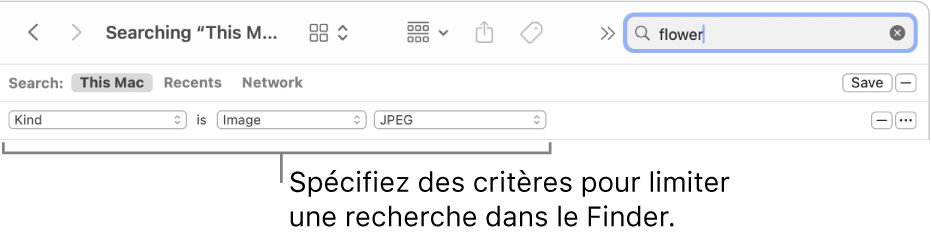 Une fenêtre du Finder avec des champs pour indiquer des critères de recherche.