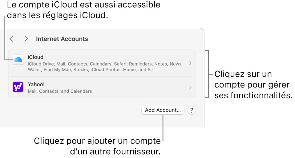 Réglages Comptes Internet affichant les comptes configurés sur le Mac.