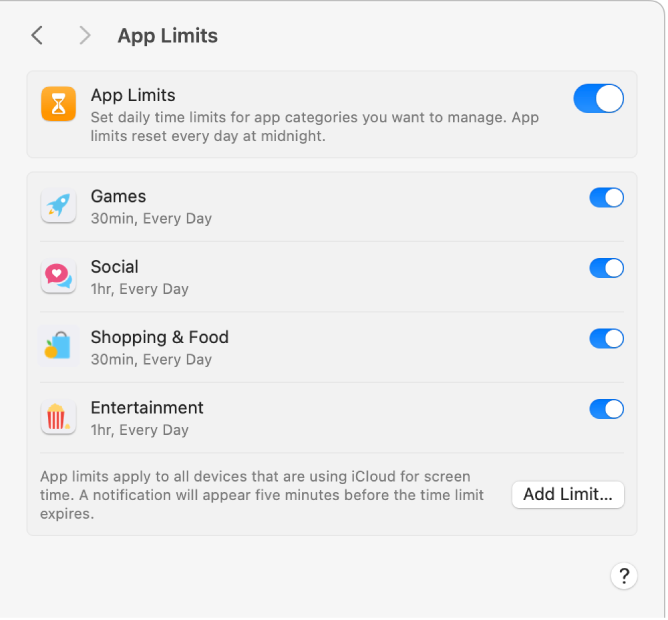 Réglages Limites d’apps dans Temps d’écran, avec les limites d’apps activées. Des limites de temps sont programmées pour quatre catégories d’apps.