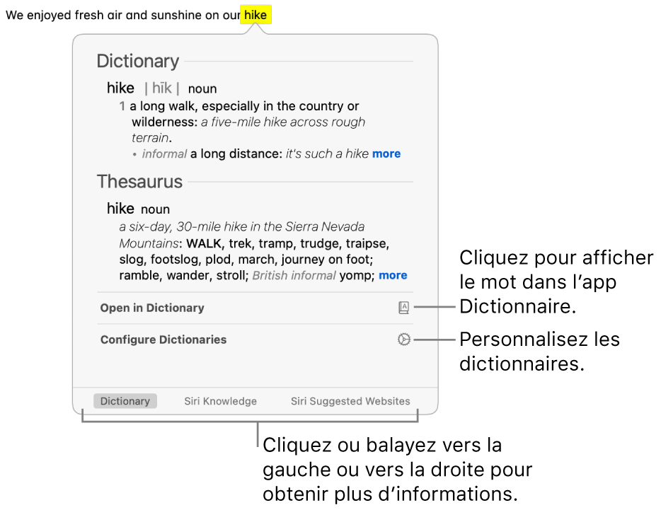 La fenêtre Rechercher affiche le dictionnaire et les définitions du thésaurus pour un mot.