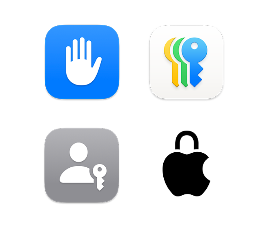 Quatre icônes représentant Confidentialité et sécurité, l’app Mots de passe, Clés d’identification et Confidentialité chez Apple.