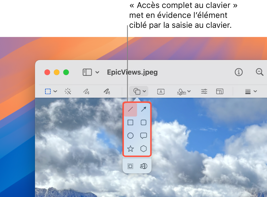 La fenêtre Aperçu avec la barre d’outils d’annotation. L’outil Figure est agrandi pour afficher les options. « Accès clavier complet » a mis en évidence l’outil actif et le groupe auquel il appartient.