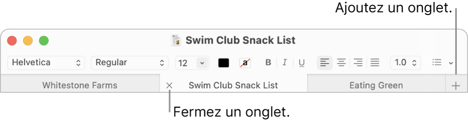 Une fenêtre TextEdit avec trois onglets dans la barre d’onglets, située sous la barre de mise en forme. Un onglet affiche le bouton de fermeture. Le bouton Ajouter se trouve à l’extrémité droite de la barre d’onglets.