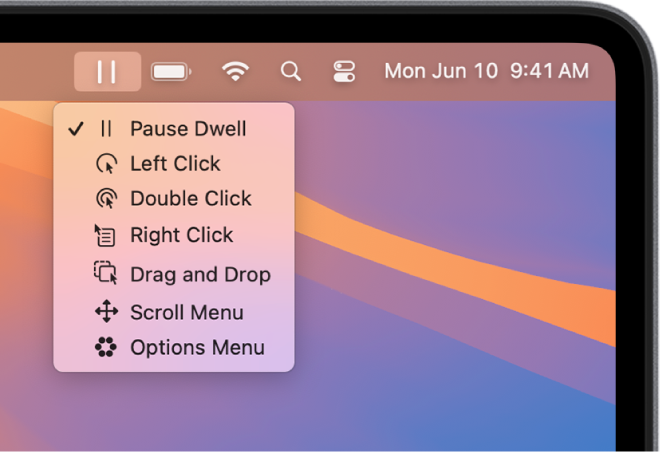 Le menu d’état Attente, contenant les boutons suivants de haut en bas : Interrompre l’attente, Clic gauche, Double-clic, Clic droit, Glisser et déposer, Menu de défilement et Menu d’options.