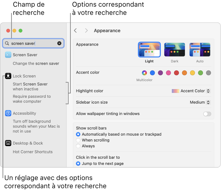 La fenêtre « Réglages Système » affichant « économiseur d’écran » dans le champ de recherche et une liste de résultats de recherche correspondants sous le champ de recherche.