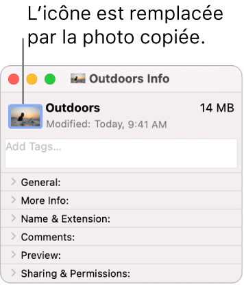 La fenêtre d’informations d’un dossier, avec l’icône générique remplacée par une image.