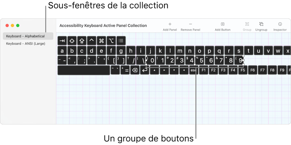 Une partie d’une fenêtre de collections de sous-fenêtres montrant une liste de sous-fenêtres de clavier à gauche, et à droite les boutons et les groupes contenus dans une sous-fenêtre.