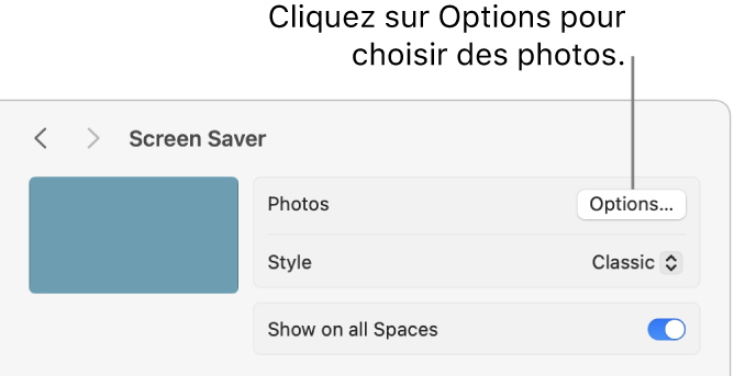 La partie supérieure de la fenêtre de « Réglages Système », affichant des options pour Photos.