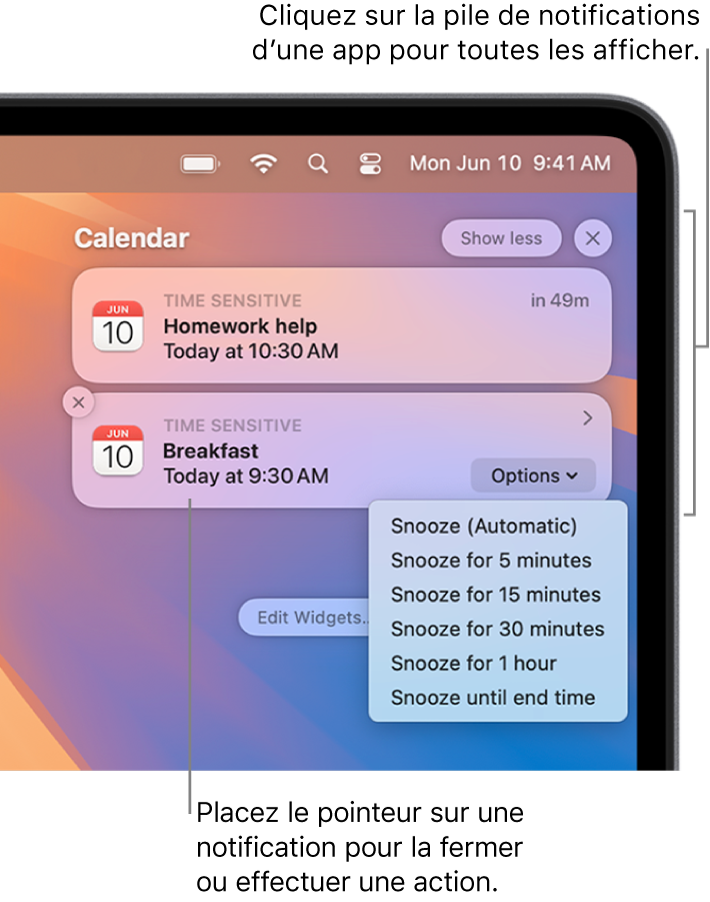 Des notifications d’app dans le coin supérieur droit du bureau, avec une pile ouverte contenant deux notifications de l’app Rappels et un bouton « En afficher moins » pour réduire la pile, ainsi qu’une notification de l’app Calendrier accompagnée d’un bouton Rappel.