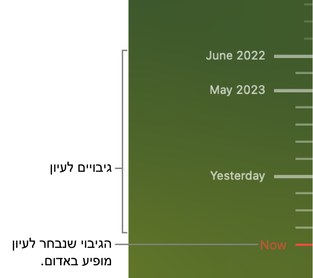 סימוני שנתות בציר הזמן של הגיבויים. סימוני השנתות האדומים מציינים את הגיבוי שבו הינך מעיין/ת.